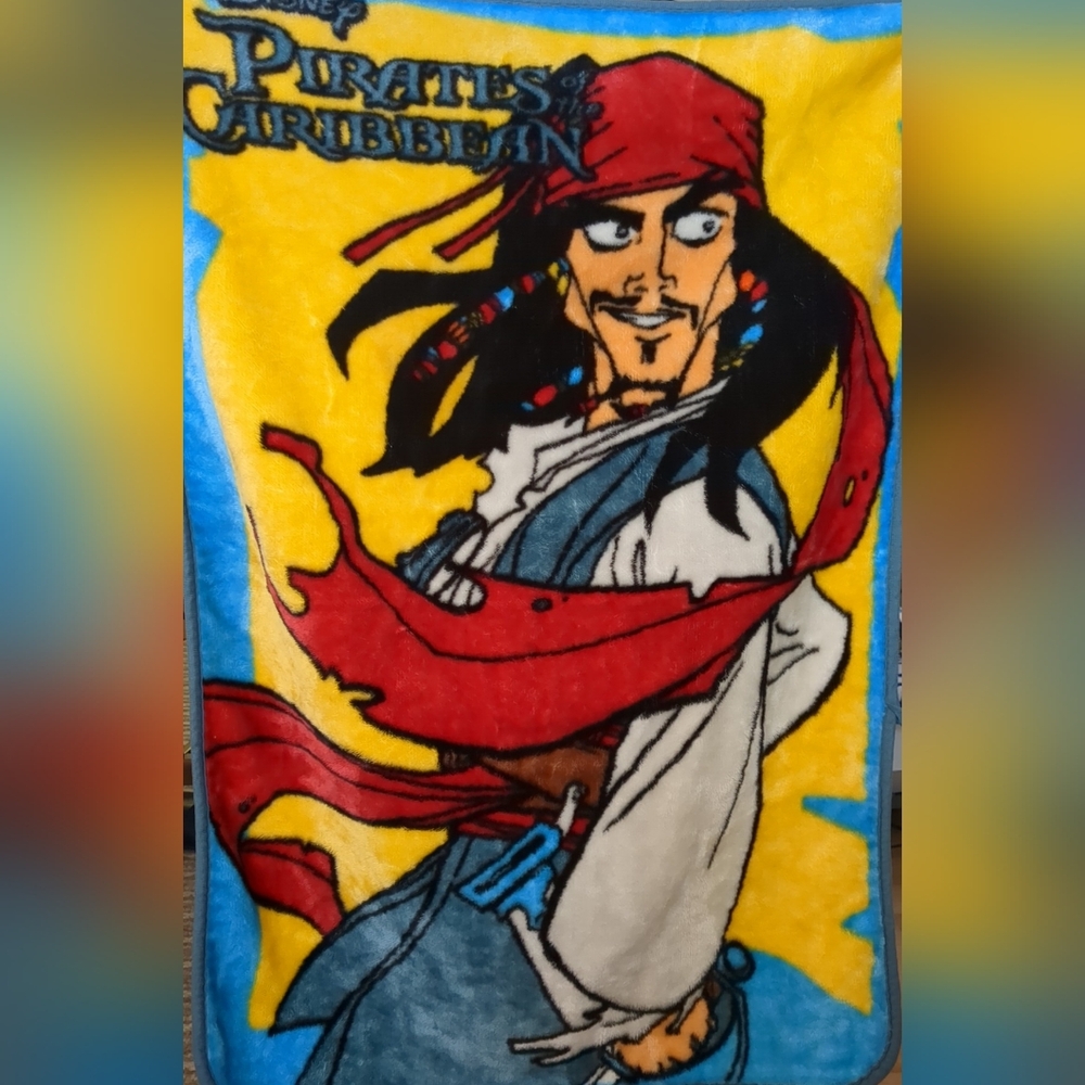 Vintage Pirates of the Caribbean Disney Cartoon Plush Fleece Blanket Jack 30x42